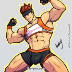  1boy arms_up artist_name blue_eyes grey_background humbuged leggings male_focus muscular muscular_male red_hair ring_fit_adventure ring_fit_trainee ring_fit_trainee_(male) shirt sleeveless sleeveless_shirt sweat white_shirt 