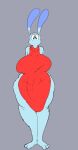  anthro big_breasts black_eyes blue_body blue_fur breasts clothed clothing dipstick_ears dress female fur grey_background huge_breasts lagomorph leporid looking_at_viewer mammal multicolored_ears rabbit red_clothing red_dress ren_(sussyrock) simple_background solo sussyrock thick_thighs wide_hips 