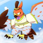  animal_focus beak bird black_eyes blue_ribbon blue_sky highres holding holding_paper japanese_clothes kimono no_humans paper paper_doll pokemon purple_ribbon ribbon sky solo tail_feathers talonflame talons tatu_wani white_kimono 