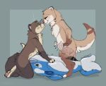  anthro blush bodily_fluids brown_body eyes_closed fur genitals green_eyes inflatable mammal mustelid otter paws penis pool_toy symrea tan_body 