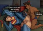  2boys abs anus bara black_hair blue_bodysuit blue_eyes blush bodysuit cape dark-skinned_male dark_skin dc_comics english_text erection highres imminent_anal imminent_penetration interracial jimmy_olsen large_pectorals lying male_focus male_underwear multiple_boys muscular muscular_male my_adventures_with_superman navel nipples on_side open_mouth paid_reward_available pectorals penis red_cape red_male_underwear short_hair smile spread_legs superman superman_(series) testicles thick_thighs thighs underwear yaoi yoruunsfw 