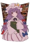  1girl ahase_hino blue_bow blurry blurry_background book bow closed_eyes closed_mouth commentary_request crescent crescent_pin hair_bow highres holding holding_book long_hair long_sleeves looking_at_viewer patchouli_knowledge purple_eyes purple_hair purple_headwear red_bow solo touhou 