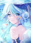  1girl absurdres air_bubble bare_shoulders blue_choker blue_eyes blue_hair blue_headwear bubble choker commentary furina_(genshin_impact) genshin_impact grin hasom highres long_hair looking_at_viewer parted_lips smile solo underwater upper_body 