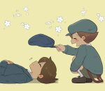  2boys ^_^ blue_headwear blue_jacket blue_sweater blush brown_footwear brown_hair cabbie_hat closed_eyes closed_mouth commentary_request flower full_body future_luke green_shorts hands_on_own_chest hat highres holding holding_clothes holding_hat jacket kiwami_(kiwamimuneko) knees_up long_sleeves luke_triton lying male_focus multiple_boys on_back open_mouth professor_layton professor_layton_and_the_unwound_future shoes short_hair shorts sitting smile socks suspenders suspenders_hanging sweater unworn_headwear white_socks 