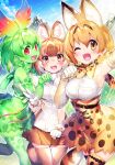  3girls animal_ear_fluff animal_ears armpits artist_request belt black_belt blonde_hair blush bow bowtie brown_eyes brown_hair cellval clenched_hand colored_skin day dhole_(kemono_friends) dog_ears dog_girl dog_tail elbow_gloves extra_ears game_cg gloves green_hair green_skin green_thighhighs hair_between_eyes head_wings high-waist_skirt kemono_friends kemono_friends_3 lens_flare looking_at_viewer mountain multicolored_hair multiple_girls nervous_sweating official_art one_eye_closed open_mouth outdoors paw_pose print_bow print_bowtie print_gloves print_skirt print_thighhighs red_eyes serval_(kemono_friends) serval_print shirt short_hair skindentation skirt sky sleeveless sleeveless_shirt smile striped_tail sweat tail thighhighs third-party_source two-tone_hair v white_gloves white_hair white_shirt wings yellow_eyes 