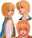  177k171 1other androgynous black_eyes black_suit blonde_hair blue_eyes blue_tabard collage formal highres hunter_x_hunter kurapika looking_at_viewer short_hair simple_background solo suit tabard upper_body white_background yellow_eyes 