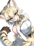  1girl :p animal_ear_fluff animal_ears animal_print arm_behind_back back_bow bare_shoulders blonde_hair bow bowtie breast_pocket brown_hair cat_ears cat_girl cat_print cat_tail colored_inner_hair dutch_angle elbow_gloves finger_to_mouth gloves grey_hair hair_between_eyes hand_up high-waist_skirt highres kemono_friends looking_at_viewer medium_hair multicolored_hair parted_bangs pocket print_bow print_gloves print_skirt sand_cat_(kemono_friends) sasa_fune shirt simple_background skirt sleeveless sleeveless_shirt smile solo tail tongue tongue_out white_background white_shirt yellow_eyes 