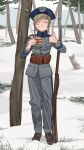  1girl absurdres eating forest gun hat highres insignia load_bearing_equipment nature original pzkpfwi rifle snow surstromming sweden swedish_uniform thumbs_up tricorne weapon world_war_i 