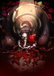  1girl 1other bad_source black_dress black_hair blood blood_on_arm blood_on_face crown dress flower frilled_dress frills horns leaf looking_at_viewer mini_crown parted_lips plant red_eyes red_flower red_rose rose rose_(rose_to_tasogare_no_kojou) rose_to_tasogare_no_kojou short_hair thorns titan_(rose_to_tasogare_no_kojou) vines 