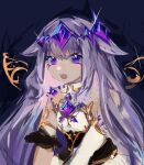  1girl :d bare_shoulders black_corset blue_background chest_jewel circlet colored_inner_hair corset detached_sleeves detached_wings dress elbow_gloves gem gloves hair_flaps hololive hololive_english kimberkcally koseki_bijou long_hair multicolored_hair open_mouth pink_hair purple_eyes purple_gemstone purple_hair sidelocks simple_background smile solo strapless strapless_dress upper_body very_long_hair virtual_youtuber white_dress wings 