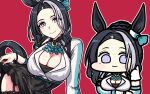 1girl :3 animal_ears aqua_ascot arm_under_breasts black_hair braid braided_bun breasts cleavage clothes_lift commentary ear_ornament eyebrows_hidden_by_hair garter_straps gloves hair_bun hair_over_one_eye horse_ears horse_girl horse_tail horseshoe_ornament jacket jazz_jack lace-trimmed_legwear lace_trim light_particles long_sleeves mejiro_ramonu_(umamusume) mole mole_under_eye multicolored_hair parted_bangs purple_eyes red_background sidelocks simple_background skirt skirt_lift smile tail thighhighs two-tone_hair umamusume white_gloves white_jacket wide_face 