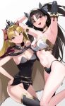  2girls absurdres armlet armpits arms_up bikini black_dress black_hair black_thighhighs blonde_hair breasts cape detached_collar detached_sleeves dress earrings ereshkigal_(fate) fate/grand_order fate_(series) gold_trim hair_ribbon highres hood hooded_cape hoop_earrings ishtar_(fate) jewelry kurozawa_yui long_hair looking_at_viewer medium_breasts mismatched_bikini multiple_girls neck_ring open_mouth parted_bangs red_eyes ribbon short_dress single_detached_sleeve single_sleeve single_thighhigh smile swimsuit thighhighs thighlet thighs tiara two_side_up 