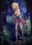  1girl after_rape after_sex ajula_wachula blonde_hair blue_eyes breasts cinderella commission cum cum_in_pussy cum_string cumdrip dirty dirty_clothes dress drill_hair forest highres medium_breasts medium_hair nature night nipples scratches skeb_commission solo tears torn_clothes torn_dress 