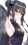  1girl arm_behind_head armpits black_coat black_dress black_hair blue_archive blush breasts butterfly_hair_ornament china_dress chinese_clothes coat commentary_request double_bun dress grey_eyes hair_between_eyes hair_bun hair_ornament halo head_tilt highres kisaki_(blue_archive) long_hair long_sleeves looking_at_viewer nekobox open_clothes open_coat parted_lips presenting_armpit print_dress sideboob sidelocks simple_background sleeveless small_breasts solo twintails white_background 