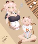  +_+ 1girl absurdres animal_ears blush breasts brown_background cleavage closed_mouth clothes_writing commentary cute_tiger_style_(project_sekai) english_commentary highres indian_style indie_virtual_youtuber large_breasts multiple_views natch_imaycz open_mouth shirt short_hair short_sleeves signature sitting tail teeth tiger_ears tiger_girl tiger_tail tori_thaiga two_side_up upper_teeth_only v_arms virtual_youtuber white_shirt 