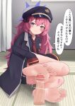  1girl absurdres barefoot blue_archive blue_eyes blush footjob greek_toe hat highres iroha_(blue_archive) long_hair lts_kakuyo on_floor penis red_hair sleeves_past_wrists smile soles solo speech_bubble spread_toes toes translation_request 