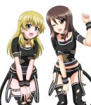  2girls black_shorts black_thighhighs blonde_hair blush breasts brown_eyes brown_hair carpaccio_(girls_und_panzer) collar girls_und_panzer green_eyes highres key_(gaigaigai123) large_breasts long_hair looking_at_viewer mika_(girls_und_panzer) multiple_girls navel one_eye_closed open_mouth shorts simple_background smile thighhighs torn_clothes torn_thighhighs white_background 