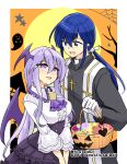  1boy 1girl alternate_costume blue_hair brother_and_sister dress fire_emblem fire_emblem:_genealogy_of_the_holy_war halloween halloween_bucket halloween_costume julia_(fire_emblem) long_hair looking_at_another open_mouth ponytail purple_eyes purple_hair seliph_(fire_emblem) siblings simple_background yukia_(firstaid0) 