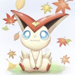  :3 animal_focus autumn_leaves blue_eyes bright_pupils closed_mouth dot_nose ekaki_no_kame falling_leaves fangs ginkgo_leaf leaf maple_leaf no_humans pokemon pokemon_(creature) signature sitting solo victini white_pupils 