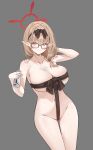  1girl absurdres areola_slip ass_visible_through_thighs black-framed_eyewear blue_archive blush breasts brown_hair bust_cup chinatsu_(blue_archive) cleavage coke0502 collarbone glasses grey_background groin halo highres large_breasts looking_at_viewer naked_ribbon navel pointy_ears ribbon simple_background smile solo tokkuri 