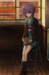  1girl absurdres black_socks blue_sailor_collar blue_skirt book brown_cardigan brown_eyes brown_footwear brown_hair cardigan chair closed_mouth collarbone expressionless glasses highres holding holding_book indoors kita_high_school_uniform kneehighs loafers long_sleeves looking_at_viewer nagato_yuki on_chair open_cardigan open_clothes purple_hair red_ribbon reflection ribbon sailor_collar school_uniform serafuku shoes short_hair sitting skirt socks solo suzumiya_haruhi_no_yuuutsu under_(und3rrr) window winter_uniform 