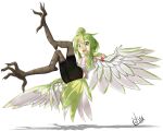 1girl ahoge animal_ears armlet bird_ears bird_legs bird_tail black_shorts breasts commentary_request feathered_wings feathers green_eyes green_feathers green_hair green_wings hair_between_eyes harpy highres long_bangs long_hair monster_girl nixifox215 open_mouth original shirt shorts simple_background small_breasts solo tail tail_feathers talons two-tone_wings white_background white_feathers white_shirt white_wings winged_arms wings 
