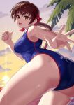  1girl alternate_costume ass blue_one-piece_swimsuit braid braided_ponytail breasts brown_eyes brown_hair from_behind headband highres looking_at_viewer low_ponytail medium_breasts one-piece_swimsuit open_mouth palm_tree ponytail red_headband smile snk solo sunset swimsuit the_king_of_fighters thumbs_up tree yagi2013 yuri_sakazaki 