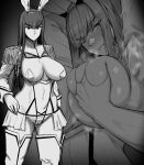  1boy 1girl anegawa_eiji armpits blush boots breasts cameltoe grabbing grabbing_another&#039;s_breast grabbing_from_behind greyscale groping hetero highres kill_la_kill kiryuuin_satsuki large_breasts long_hair monochrome multiple_views skirt solo_focus steam thick_eyebrows thighhighs 