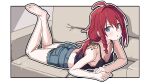  1girl ahoge animal_on_shoulder barefoot black_camisole blue_eyes braid burn_scar camisole chipmunk couch crossed_ankles denim denim_shorts elbow_rest feet feet_up highres kazuuchi_ataru legs looking_at_viewer low_ponytail lying on_couch on_shoulder on_stomach out_of_frame red_hair scar scar_on_breasts scar_on_chest shinsougumi shorts single_braid soles solo spaghetti_strap squirrel tamaya the_pose toes virtual_youtuber 