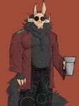 anthro beverage biped bone bottomwear bulge claws clothed clothing container cup digital_media_(artwork) fur grey_body grey_fur hi_res holding_beverage holding_object king&#039;s_dad_(the_owl_house) male musclegut navel neck_tuft orange_eyes simple_background skull skull_head solo standing surrel tail teeth topwear tuft watermark 