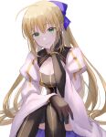  1girl ahoge artoria_caster_(third_ascension)_(fate) black_dress blonde_hair blue_bow bow cleavage_cutout clothing_cutout commentary_request dress fate/grand_order fate_(series) hair_between_eyes hair_bow head_on_hand highres juliet_sleeves kaori_(vuoian_appxv) long_hair long_sleeves looking_at_viewer ponytail puffy_sleeves sidelocks sitting solo white_background 