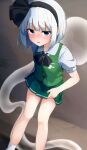  1girl absurdres black_bow black_bowtie black_hairband blue_eyes bob_cut bow bowtie buttons clothes_lift collared_shirt commentary_request feet_out_of_frame green_skirt green_vest hairband highres hitodama hitodama_print konpaku_youmu konpaku_youmu_(ghost) miniskirt partial_commentary pleated_skirt puffy_short_sleeves puffy_sleeves refuson_man shirt short_hair short_sleeves skirt skirt_lift skirt_set socks solo standing touhou vest white_hair white_shirt white_socks 