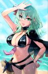  1girl :d arm_up bare_arms bare_shoulders beach belt bikini black_belt black_bikini black_capelet blue_sky breasts byleth_(female)_(fire_emblem) byleth_(fire_emblem) capelet cloud commentary_request cowboy_shot dagger day fire_emblem fire_emblem:_three_houses fire_emblem_heroes green_eyes green_hair hand_on_own_hip highres knife large_breasts long_hair looking_at_viewer navel ocean official_alternate_costume open_mouth ribbon scabbard sheath sheathed sky smile solo standing stomach swimsuit thighs weapon wrist_ribbon yomusugara_(uzo-muzo) 
