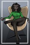  anthro brown_body brown_hair canid canine canis chair clothing container cup domestic_dog drinking_glass female footwear furniture glass glass_container glass_cup green_eyes hair hardenonn hi_res jacket legwear mammal office_chair shoes solo stockings tagme topwear wine_glass 