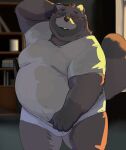  2023 absurd_res anthro belly big_belly brown_body canid canine clothing eyes_closed hi_res humanoid_hands kemono male mammal mature_male moobs o_miso_n overweight overweight_male raccoon_dog shirt solo tanuki topwear underwear 