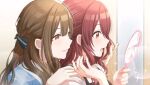  2girls :o ahoge blush bow braid brown_eyes brown_hair hair_between_eyes hair_bow hand_mirror hand_on_another&#039;s_shoulder holding holding_mirror idolmaster idolmaster_shiny_colors indoors kuwayama_chiyuki long_hair looking_at_mirror looking_at_self mirror multiple_girls official_art open_mouth osaki_tenka red_hair reflection smile sparkle 