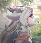  2023 anthro artist_name blep blue_eyes blue_highlights blush digital_media_(artwork) dovara_(vesnyr) dragon eyelashes facial_blush female hair highlights_(coloring) horn icon long_hair pink_highlights pink_tongue scales shaded solo tongue tongue_out vesnyr white_body white_hair white_scales 