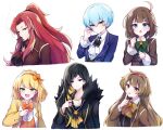  6+girls ahoge angela_(project_moon) binah_(project_moon) black_coat black_dress black_eyes black_hair black_sailor_collar blue_coat bow bowtie breasts brown_bow brown_bowtie brown_eyes brown_hair coat cup dress frilled_sleeves frills gebura_(project_moon) green_bow green_bowtie half_updo hand_up hod_(project_moon) holding holding_cup index_finger_raised large_breasts library_of_ruina long_hair long_sleeves looking_at_viewer malkuth_(project_moon) mikoto0x0 multiple_girls open_mouth orange_bow orange_bowtie orange_vest project_moon red_coat red_hair sailor_collar sidelocks simple_background teacup tiphereth_a_(project_moon) very_long_hair vest white_background yellow_coat 