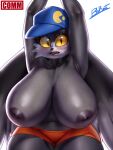  absurd_res anthro bandai_namco big_breasts big_nipples blu_rent blush blush_lines bodily_fluids bottomwear breasts clothed clothing crossgender exposed_breasts felid feline female hat headgear headwear hi_res huge_breasts klonoa klonoa_(series) looking_at_viewer mammal mostly_nude mostly_nude_anthro mostly_nude_female navel nipples nude_anthro nude_female pupils raised_arms shorts simple_background slit_pupils solo sweat sweatdrop thighs topless topless_anthro topless_female white_background yellow_eyes 