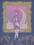  bandaged_arm bandages belt breasts closed_eyes cloud cross earrings full_body hair_between_eyes jewelry kaji_ryouji katsuragi_misato moon neon_genesis_evangelion purple_hair shiso7110 shorts sitting skull star_(sky) 