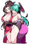  2girls absurdres bare_shoulders black_leotard breasts brown_hair capcom cleavage demon_wings enpe fatal_fury fur_trim green_eyes green_hair head_wings highres japanese_clothes large_breasts leotard morrigan_aensland multiple_girls pantyhose pelvic_curtain pink_nails ponytail purple_pantyhose revealing_clothes shiranui_mai snk the_king_of_fighters thighs vampire_(game) white_background wings yuri 