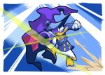  1boy black_eyes blue_background cape clenched_hand darkwing_duck darkwing_duck_(character) firing_at_viewer furry furry_male glaucosilvaart gun hat jacket long_sleeves male_focus purple_cape purple_mask running solo weapon 