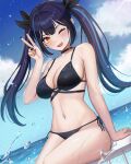  1girl ;d arm_support bare_arms bare_shoulders bikini black_bikini black_hair black_nails black_ribbon blue_hair blue_sky blush breasts cleavage cloud collarbone commentary day hair_ribbon hand_up highres horizon large_breasts lilpa long_hair looking_at_viewer multicolored_hair navel ocean on_railing one_eye_closed orange_eyes outdoors railing ribbon side-tie_bikini_bottom sideboob sitting sky smile solo soyeong stomach streaked_hair swimsuit teeth upper_teeth_only v virtual_youtuber waktaverse 