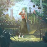  1girl absurdres alternate_costume blurry bow bowtie depth_of_field faux_traditional_media flower fountain garden green_eyes green_hair greenhouse hand_up hatsune_miku high_heels highres indoors lace-trimmed_skirt lace_trim light_rays long_hair plant potted_plant saisho_(qpoujr) scenery skirt sky solo sunlight table tree twintails very_long_hair vocaloid 