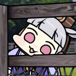  1girl animal_ears blunt_bangs brown_headwear chibi commentary fence gold_ship_(umamusume) grey_hair head_rest head_tilt headgear imitating jazz_jack looking_at_viewer lowres outdoors photo-referenced pillbox_hat pink_eyes pose_imitation purple_sailor_collar purple_shirt real_life sailor_collar sailor_shirt school_uniform shirt short_sleeves solo summer_uniform tracen_school_uniform umamusume upper_body white_sailor_collar wide_face wooden_fence 