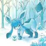  bare_tree blue_eyes bright_pupils flower footprints forest glaceon ice_crystal kuruta_(qulta03) nature no_humans open_mouth pokemon pokemon_(creature) snow traditional_media tree white_pupils winter 