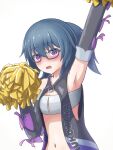  absurdres alice_gear_aegis armpits artist_request bandeau blue_hair blush breasts cheerleader detached_sleeves glasses highres itokura_neo navel open_clothes open_mouth pom_pom_(cheerleading) purple_eyes purple_ribbon ribbon simple_background small_breasts white_background white_bandeau 