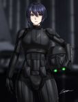  1girl black_bodysuit black_headwear blurry blurry_background bodysuit carrying carrying_under_arm closed_mouth commentary deathtrooper depth_of_field english_commentary hair_between_eyes headwear_removed helm helmet helmet_removed purple_eyes purple_hair scar scar_on_cheek scar_on_face signature solo standing star_wars zxpfer 