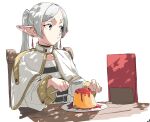  1girl capelet chair closed_mouth dress earrings eating elf food fork frieren green_eyes grey_hair holding jewelry long_hair long_sleeves looking_to_the_side parted_bangs plate pointy_ears pudding rkgk_ojisan shade simple_background solo sousou_no_frieren twintails white_background white_capelet white_dress white_hair wizard 