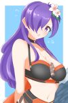  1girl absurdres bikini black_bikini breasts fire_emblem fire_emblem:_three_houses fire_emblem_heroes fire_emblem_warriors:_three_hopes flower flying_sweatdrops hair_flower hair_ornament highres ikonaska jewelry looking_at_viewer medium_breasts navel necklace official_alternate_costume open_mouth purple_eyes purple_hair red_trim shez_(female)_(fire_emblem) shez_(female)_(summer)_(fire_emblem) shez_(fire_emblem) solo sweat swimsuit upper_body 